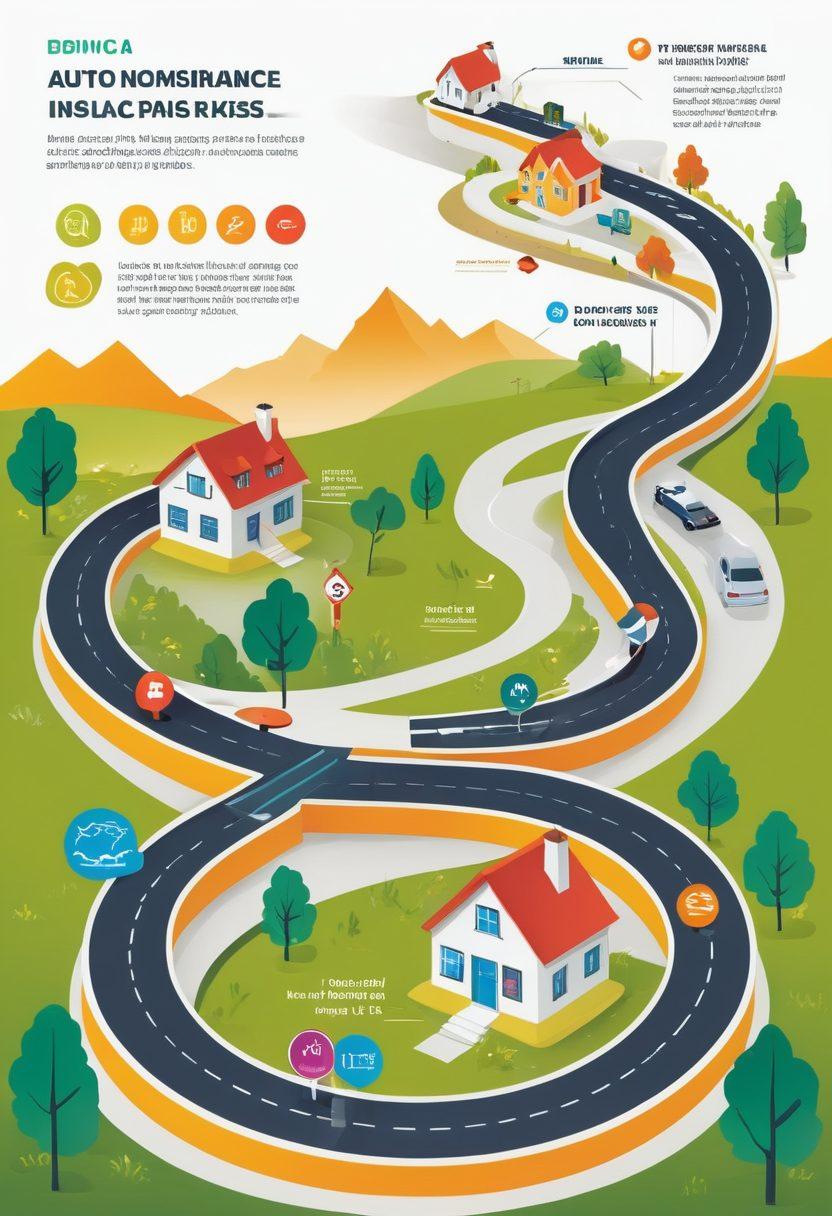 A visually engaging infographic showcasing various affordable insurance options with icons representing health, auto, and home insurance. Include a pathway or road leading through different decision points, guiding viewers on risk management strategies. Use bright colors to attract attention while maintaining clarity. The background should be a mix of urban and rural landscapes to symbolize diverse living situations. vector art. vibrant colors. white background.