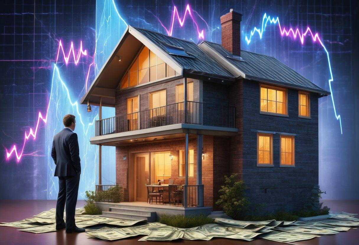 A collage of various assets including a house, money stack, and stock market graphs, all shielded by a transparent barrier symbolizing protection. In the background, an abstract representation of risk elements like lightning bolts and falling stock prices, emphasizing risk management strategies. A calm, authoritative figure analyzing the assets with a thoughtful expression. Balance between chaos and security should be highlighted. super-realistic. vibrant colors. 3D.