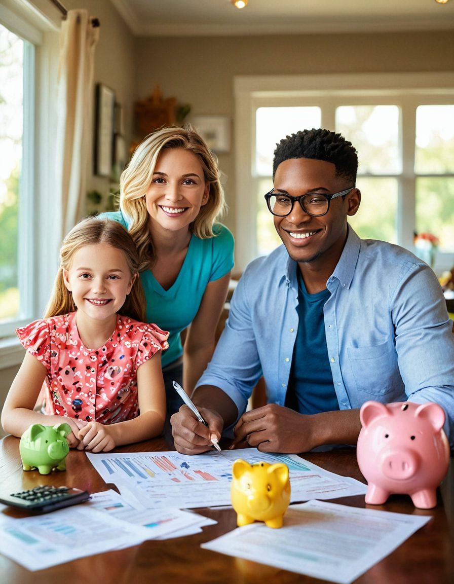 A cheerful family reviewing insurance documents at a cozy dining table, surrounded by piggy banks and calculators, with a glowing key symbolizing 'unlocking savings' in the background. Sunlight filters through a window, creating an inviting atmosphere. soft focus. vibrant colors. 3D.